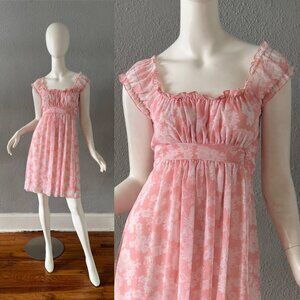 Vintage 90s Pink Sheer Floral Y2K Babydoll Mini Dress XS/S
